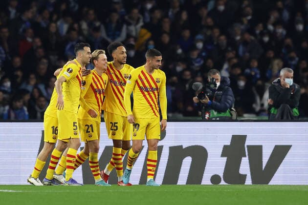 Photo Alessandro Garofalo LaPresse February 24, 2022 Naples, Italy soccer Napoli vs Barcellona - Europa League 2021 2022 - Diego Armando Maradona stadium. In the pic: Frankie de Jong (FC Barcellona) celebrates after scoring goal 2-0  Copyright: xAlessandroxGarofalo LaPressex