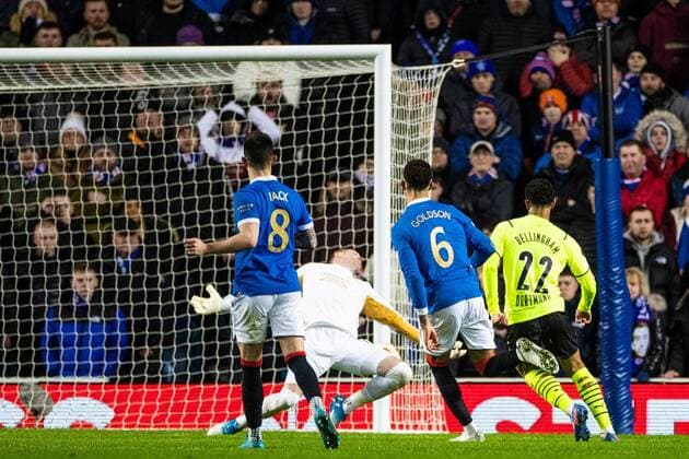 Mandatory Credit: Photo by Kirk O Rourke Rangers FC Shutterstock (12821153ac) Jude Bellingham of Borussia Dortmund scores past Rangers goalkeeper Allan McGregor during the last 32 Europa League match at Ibrox Stadium, Glasgow. Rangers v Borussia Dortmund, UEFA Europa League, Play-offs, Second Leg, Football, Ibrox Stadium, Glasgow, UK - 24 Feb 2022 Rangers v Borussia Dortmund, UEFA Europa League, Play-offs, Second Leg, Football, Ibrox Stadium, Glasgow, UK - 24 Feb 2022 Copyright: xKirkxO Rourke RangersxFC Shutterstockx 12821153ac