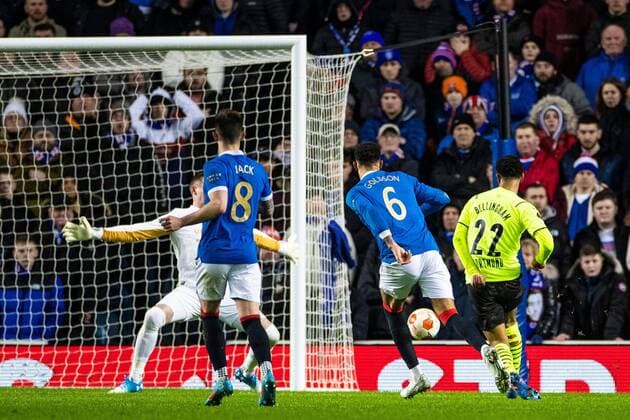 Mandatory Credit: Photo by Kirk O Rourke Rangers FC Shutterstock (12821153aa) Jude Bellingham of Borussia Dortmund scores past Rangers goalkeeper Allan McGregor during the last 32 Europa League match at Ibrox Stadium, Glasgow. Rangers v Borussia Dortmund, UEFA Europa League, Play-offs, Second Leg, Football, Ibrox Stadium, Glasgow, UK - 24 Feb 2022 Rangers v Borussia Dortmund, UEFA Europa League, Play-offs, Second Leg, Football, Ibrox Stadium, Glasgow, UK - 24 Feb 2022 Copyright: xKirkxO Rourke RangersxFC Shutterstockx 12821153aa