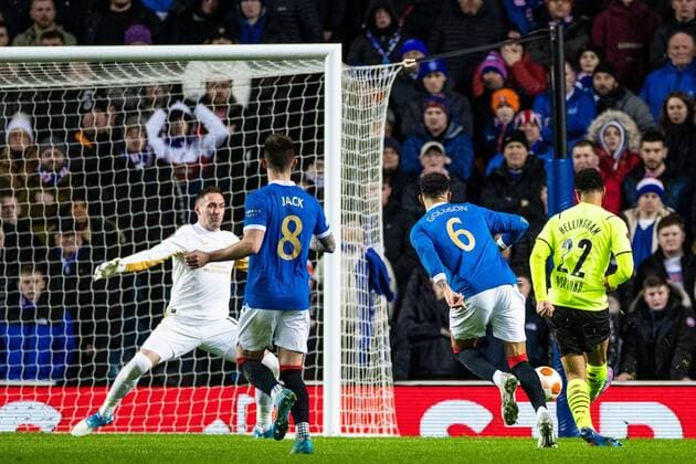 Mandatory Credit: Photo by Kirk O Rourke Rangers FC Shutterstock (12821153z) Jude Bellingham of Borussia Dortmund scores past Rangers goalkeeper Allan McGregor during the last 32 Europa League match at Ibrox Stadium, Glasgow. Rangers v Borussia Dortmund, UEFA Europa League, Play-offs, Second Leg, Football, Ibrox Stadium, Glasgow, UK - 24 Feb 2022 Rangers v Borussia Dortmund, UEFA Europa League, Play-offs, Second Leg, Football, Ibrox Stadium, Glasgow, UK - 24 Feb 2022 Copyright: xKirkxO Rourke RangersxFC Shutterstockx 12821153z