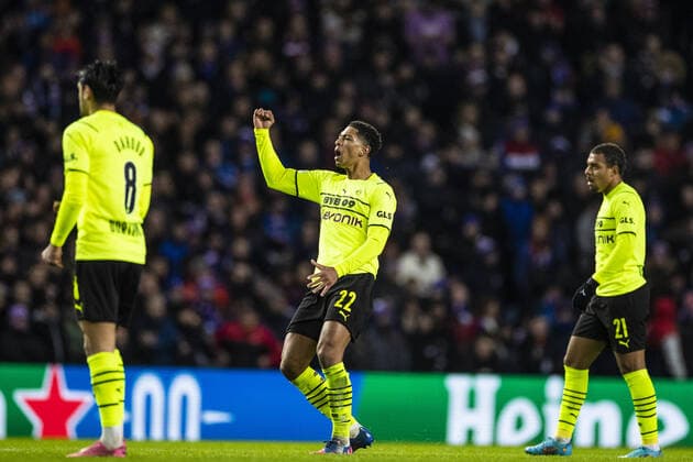 Mandatory Credit: Photo by Kirk O Rourke Rangers FC Shutterstock (12821153ad) Jude Bellingham of Borussia Dortmund celebrates his goal during the last 32 Europa League match at Ibrox Stadium, Glasgow. Rangers v Borussia Dortmund, UEFA Europa League, Play-offs, Second Leg, Football, Ibrox Stadium, Glasgow, UK - 24 Feb 2022 Rangers v Borussia Dortmund, UEFA Europa League, Play-offs, Second Leg, Football, Ibrox Stadium, Glasgow, UK - 24 Feb 2022 Copyright: xKirkxO Rourke RangersxFC Shutterstockx 12821153ad
