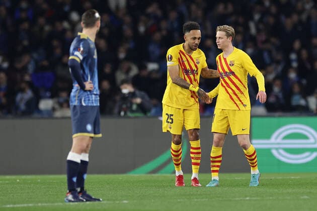 Frankie de Jong of Barcelona (1r) celebrates with team mates after scoring the goal 0-2 during the Europa League Knock-out Play-off Second leg football match between SSC Napoli and FC Barcelona, Barca at Diego Armando Maradona stadium in Napoli (Italy), February 24th, 2021. Photo Cesare Purini Insidefoto cesarexpurini