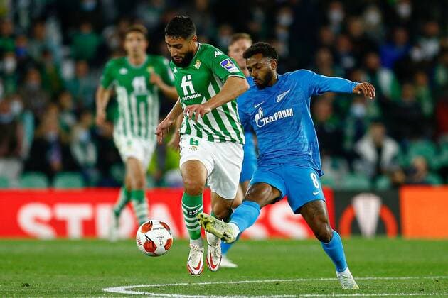 Mandatory Credit: Photo by Pressinphoto Shutterstock (12821595l) Nabil Fekir of Real Betis and Wendel Valle da Silva of Zenit Real Betis v Zenit, UEFA Europa League 2021-2022, Round of 32, secong leg. Football, Benito Villamarin Stadium, Sevilla, Spain - 24 Feb 2022 Editorial use only Real Betis v Zenit, UEFA Europa League 2021-2022, Round of 32, secong leg. Football, Benito Villamarin Stadium, Sevilla, Spain - 24 Feb 2022 Editorial use only Copyright: xPressinphoto Shutterstockx 12821595l