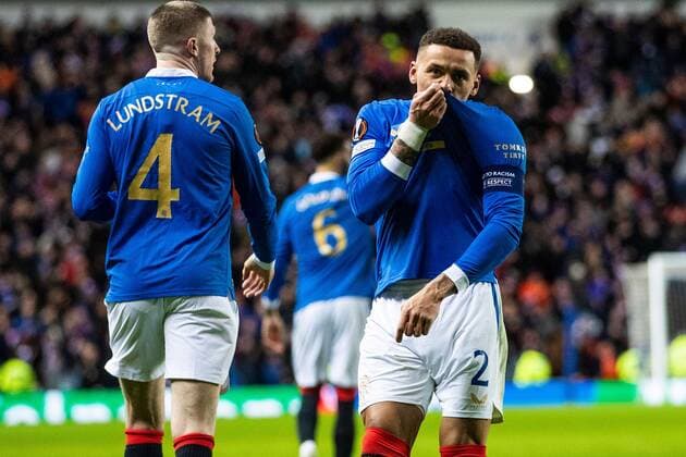 Mandatory Credit: Photo by Kirk O Rourke Rangers FC Shutterstock (12821153an) Rangers captain James Tavernier celebrates his second goal during the last 32 Europa League match at Ibrox Stadium, Glasgow. Rangers v Borussia Dortmund, UEFA Europa League, Play-offs, Second Leg, Football, Ibrox Stadium, Glasgow, UK - 24 Feb 2022 Rangers v Borussia Dortmund, UEFA Europa League, Play-offs, Second Leg, Football, Ibrox Stadium, Glasgow, UK - 24 Feb 2022 Copyright: xKirkxO Rourke RangersxFC Shutterstockx 12821153an