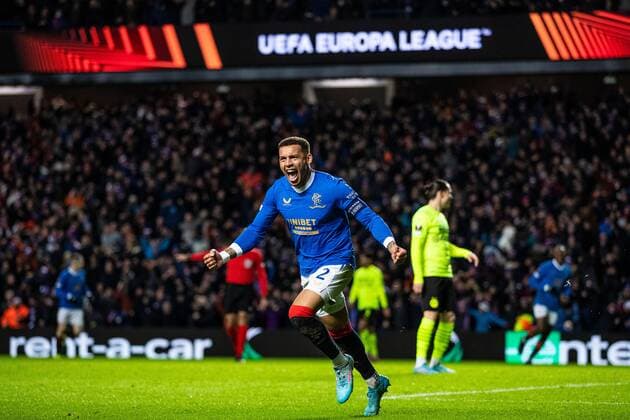 Mandatory Credit: Photo by Kirk O Rourke Rangers FC Shutterstock (12821153ak) Rangers captain James Tavernier celebrates his second goal during the last 32 Europa League match at Ibrox Stadium, Glasgow. Rangers v Borussia Dortmund, UEFA Europa League, Play-offs, Second Leg, Football, Ibrox Stadium, Glasgow, UK - 24 Feb 2022 Rangers v Borussia Dortmund, UEFA Europa League, Play-offs, Second Leg, Football, Ibrox Stadium, Glasgow, UK - 24 Feb 2022 Copyright: xKirkxO Rourke RangersxFC Shutterstockx 12821153ak