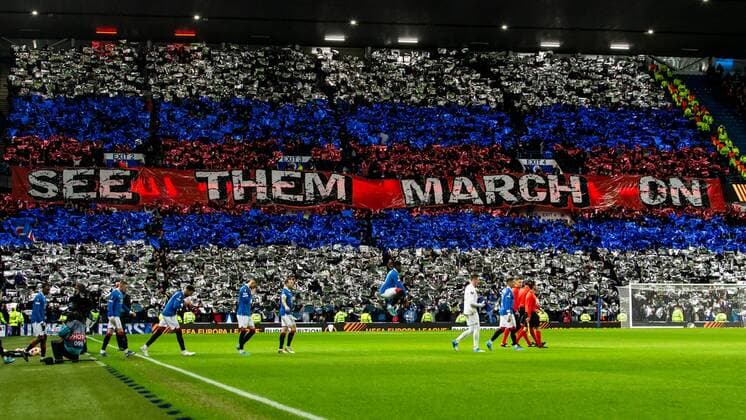 Mandatory Credit: Photo by Luke Nickerson Rangers FC Shutterstock (12821152n) Rangers fans with a pre match display Rangers v Borussia Dortmund, UEFA Europa League, Play-offs, Second Leg, Football, Ibrox Stadium, Glasgow, UK - 24 Feb 2022 Rangers v Borussia Dortmund, UEFA Europa League, Play-offs, Second Leg, Football, Ibrox Stadium, Glasgow, UK - 24 Feb 2022 Copyright: xLukexNickerson RangersxFC Shutterstockx 12821152n