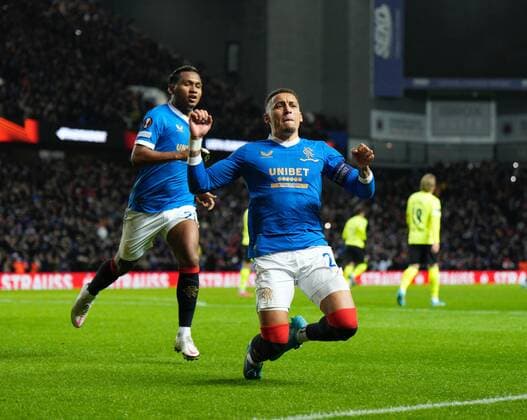 Mandatory Credit: Photo by Stuart Wallace Shutterstock (12820548q) Rangers captain James Tavernier celebrates scoring from the penalty spot to give Rangers a 1-0 lead (agg. 5-2). Rangers v Borussia Dortmund, UEFA Europa League, Play-offs, Second Leg, Football, Ibrox Stadium, Glasgow, UK - 24 Feb 2022 EDITORIAL USE ONLY No use with unauthorised audio, video, data, fixture lists, club league logos or live services. Online in-match use limited to 120 images, no video emulation. No use in betting, games or single club league player publications. Rangers v Borussia Dortmund, UEFA Europa League, Play-offs, Second Leg, Football, Ibrox Stadium, Glasgow, UK - 24 Feb 2022 EDITORIAL USE ONLY No use with unauthorised audio, video, data, fixture lists, club league logos or live services. Online in-match use limited to 120 images, no video emulation. No use in betting, games or single club league player publications. Copyright: xStuartxWallace Shutterstockx 12820548q