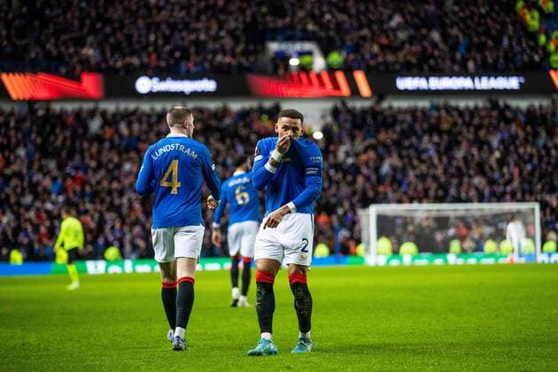 Mandatory Credit: Photo by Kirk O Rourke Rangers FC Shutterstock (12821153ap) Rangers captain James Tavernier celebrates his second goal during the last 32 Europa League match at Ibrox Stadium, Glasgow. Rangers v Borussia Dortmund, UEFA Europa League, Play-offs, Second Leg, Football, Ibrox Stadium, Glasgow, UK - 24 Feb 2022 Rangers v Borussia Dortmund, UEFA Europa League, Play-offs, Second Leg, Football, Ibrox Stadium, Glasgow, UK - 24 Feb 2022 Copyright: xKirkxO Rourke RangersxFC Shutterstockx 12821153ap