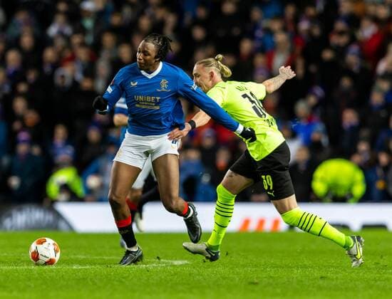 Mandatory Credit: Photo by Luke Nickerson Rangers FC Shutterstock (12821152z) Rangers Midfielder Joe Aribo held back by Borussia Dortmund Forward Marius Wolf Rangers v Borussia Dortmund, UEFA Europa League, Play-offs, Second Leg, Football, Ibrox Stadium, Glasgow, UK - 24 Feb 2022 Rangers v Borussia Dortmund, UEFA Europa League, Play-offs, Second Leg, Football, Ibrox Stadium, Glasgow, UK - 24 Feb 2022 Copyright: xLukexNickerson RangersxFC Shutterstockx 12821152z