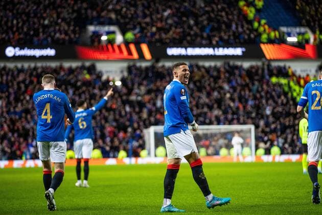 Mandatory Credit: Photo by Kirk O Rourke Rangers FC Shutterstock (12821153ay) Rangers captain James Tavernier celebrates his second goal during the last 32 Europa League match at Ibrox Stadium, Glasgow. Rangers v Borussia Dortmund, UEFA Europa League, Play-offs, Second Leg, Football, Ibrox Stadium, Glasgow, UK - 24 Feb 2022 Rangers v Borussia Dortmund, UEFA Europa League, Play-offs, Second Leg, Football, Ibrox Stadium, Glasgow, UK - 24 Feb 2022 Copyright: xKirkxO Rourke RangersxFC Shutterstockx 12821153ay
