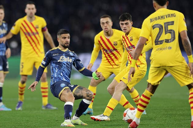 Lorenzo Insigne of SSC Napoli during the Europa League Knock-out Play-off Second leg football match between SSC Napoli and FC Barcelona, Barca at Diego Armando Maradona stadium in Napoli (Italy), February 24th, 2021. Photo Cesare Purini Insidefoto cesarexpurini