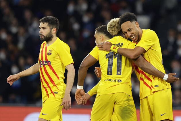 Photo Alessandro Garofalo LaPresse February 24, 2022 Naples, Italy soccer Napoli vs Barcellona - Europa League 2021 2022 - Diego Armando Maradona stadium. In the pic: Pierre Emerick Aubameyang (FC Barcellona) celebrates after scoring goal 1-4  Copyright: xAlessandroxGarofalo LaPressex