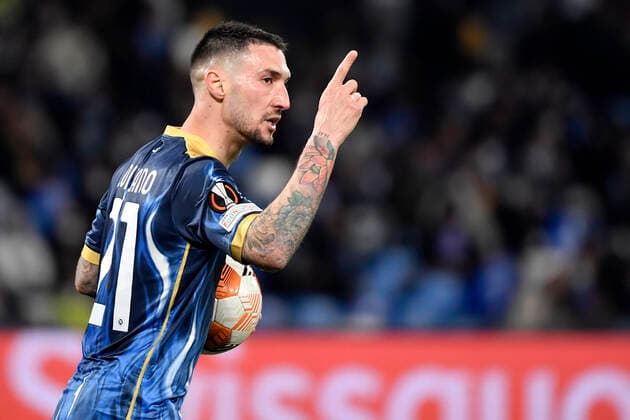 Matteo Politano of SSC Napoli celebrates after scoring the goal of 2-4 for his side during the Europa League Knock-out Play-off Second leg football match between SSC Napoli and FC Barcelona, Barca at Diego Armando Maradona stadium in Napoli (Italy), February 24th, 2021. Photo Andrea Staccioli Insidefoto andreaxstaccioli