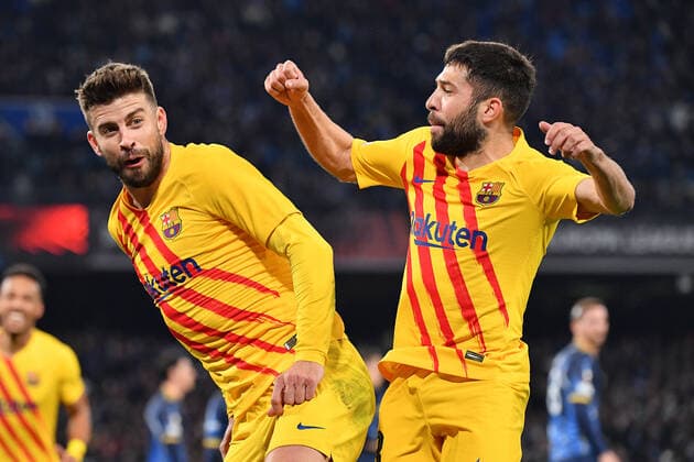 February 24, 2022, Naples, Italy: Naples, Italy, Diego Armando Maradona stadium, February 24, 2022, Barcelona s defender Gerard Pique celebrates with Barcelona s defender Jordi Alba after scoring the 1-3 goal during SSC Napoli vs FC Barcellona - football Europa League match. football Europa League match - SSC Napoli vs FC Barcellona, Naples, Italy - ZUMAl164 20220224_zsa_l164_425 Copyright: xCarmeloxImbesix