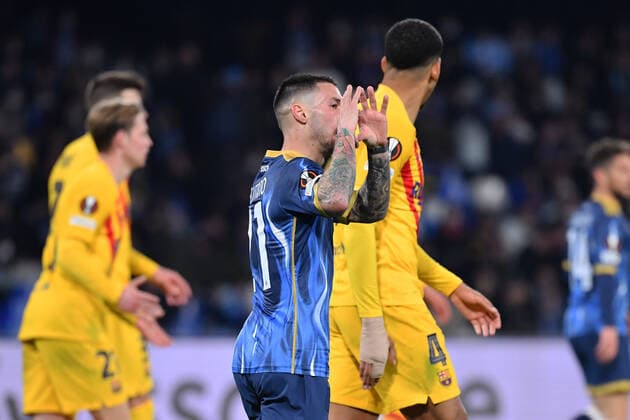 Napoli s forward Matteo Politano jubilates after scoring the 2-4 goal during SSC Napoli vs FC Barcellona, football Europa League match in Naples, Italy, February 24 2022  Copyright: xCarmeloxImbesix xipa-agency.netx xx 0