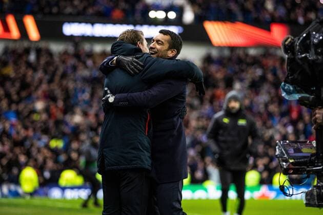 Mandatory Credit: Photo by Kirk O Rourke Rangers FC Shutterstock (12821153bl) Rangers manager Giovanni van Bronckhorst celebrates at the full time whistle with assistant manager Dave Vos during the last 32 Europa League match at Ibrox Stadium, Glasgow. Rangers v Borussia Dortmund, UEFA Europa League, Play-offs, Second Leg, Football, Ibrox Stadium, Glasgow, UK - 24 Feb 2022 Rangers v Borussia Dortmund, UEFA Europa League, Play-offs, Second Leg, Football, Ibrox Stadium, Glasgow, UK - 24 Feb 2022 Copyright: xKirkxO Rourke RangersxFC Shutterstockx 12821153bl