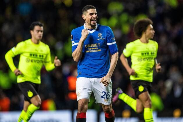 Mandatory Credit: Photo by Kirk O Rourke Rangers FC Shutterstock (12821153ch) Leon Balogun of Rangers celebrates at the end of the last 32 Europa League match at Ibrox Stadium, Glasgow. Rangers v Borussia Dortmund, UEFA Europa League, Play-offs, Second Leg, Football, Ibrox Stadium, Glasgow, UK - 24 Feb 2022 Rangers v Borussia Dortmund, UEFA Europa League, Play-offs, Second Leg, Football, Ibrox Stadium, Glasgow, UK - 24 Feb 2022 Copyright: xKirkxO Rourke RangersxFC Shutterstockx 12821153ch