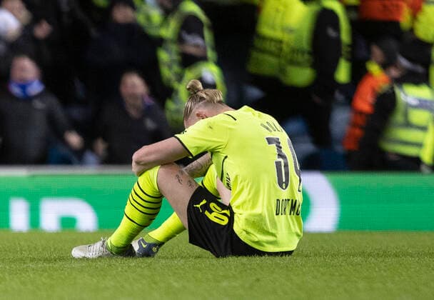 Football - 2021 2022 UEFA Europa League - Round of 32 - Second Leg - Glasgow Rangers vs Borussia Dortmund - Ibrox Stadium - Thursday 24th February 2022. Marius Wolf of Borussia Dortmund is dejected at full time 