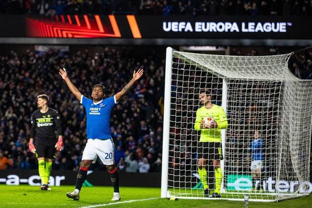 Mandatory Credit: Photo by Kirk O Rourke Rangers FC Shutterstock (12821153cw) Alfredo Morelos of Rangers celebrates after Ryan Kent scored during the last 32 Europa League match at Ibrox Stadium, Glasgow. Rangers v Borussia Dortmund, UEFA Europa League, Play-offs, Second Leg, Football, Ibrox Stadium, Glasgow, UK - 24 Feb 2022 Rangers v Borussia Dortmund, UEFA Europa League, Play-offs, Second Leg, Football, Ibrox Stadium, Glasgow, UK - 24 Feb 2022  Copyright: xKirkxO Rourke RangersxFC Shutterstockx 12821153cw