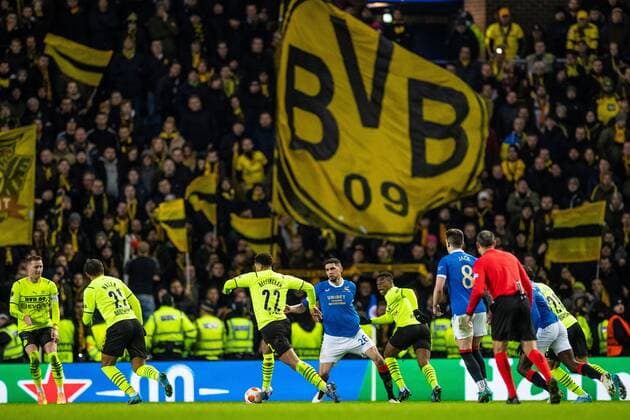 Mandatory Credit: Photo by Kirk O Rourke Rangers FC Shutterstock (12821153da) Leon Balogun of Rangers and Jude Bellingham of Borussia Dortmund during the last 32 Europa League match at Ibrox Stadium, Glasgow. Rangers v Borussia Dortmund, UEFA Europa League, Play-offs, Second Leg, Football, Ibrox Stadium, Glasgow, UK - 24 Feb 2022 Rangers v Borussia Dortmund, UEFA Europa League, Play-offs, Second Leg, Football, Ibrox Stadium, Glasgow, UK - 24 Feb 2022  Copyright: xKirkxO Rourke RangersxFC Shutterstockx 12821153da