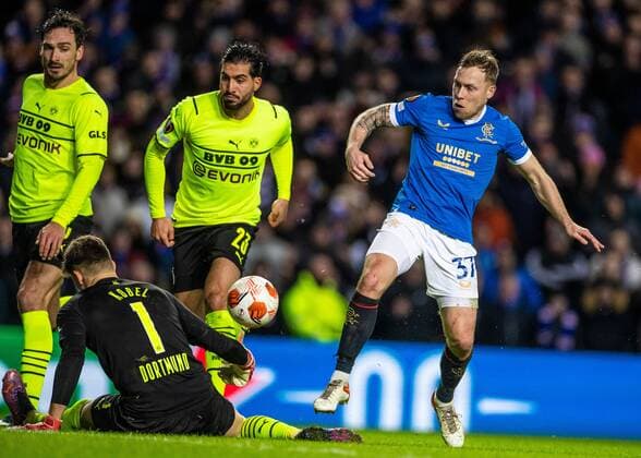 Mandatory Credit: Photo by Kirk O Rourke Rangers FC Shutterstock (12821153dq) Scott Arfield of Rangers has his shot saved by Borussia Dortmand goalkeeper Gregor Kobel during the last 32 Europa League match at Ibrox Stadium, Glasgow. Rangers v Borussia Dortmund, UEFA Europa League, Play-offs, Second Leg, Football, Ibrox Stadium, Glasgow, UK - 24 Feb 2022 Rangers v Borussia Dortmund, UEFA Europa League, Play-offs, Second Leg, Football, Ibrox Stadium, Glasgow, UK - 24 Feb 2022  Copyright: xKirkxO Rourke RangersxFC Shutterstockx 12821153dq