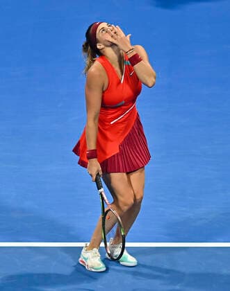 (220225) -- DOHA, Feb. 25, 2022 -- Aryna Sabalenka of Belarus reacts during the quarterfinal match of WTA, Tennis Damen Qatar Open tennis tournament between Iga Swiatek of Poland and Aryna Sabalenka of Belarus at the Khalifa International Tennis Complex in Doha, capital of Qatar, Feb. 24, 2022. (Photo by Nikku Xinhua) (SP)QATAR-DOHA-TENNIS-QATAR OPEN-QUARTERFINAL yangyuanyong 