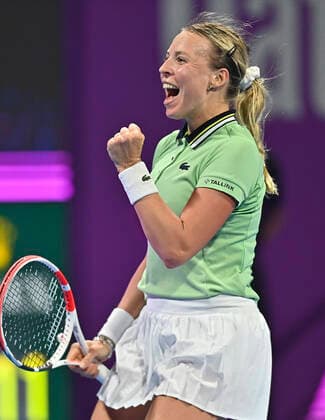 (220225) -- DOHA, Feb. 25, 2022 -- Anett Kontaveit of Estonia celebrates after the quarterfinal match of WTA, Tennis Damen Qatar Open tennis tournament against Ons Jabeur of Tunisia at the Khalifa International Tennis Complex in Doha, capital of Qatar, Feb. 24, 2022. (Photo by Xinhua) (SP)QATAR-DOHA-TENNIS-WTA QATAR OPEN-QUARTERFINALS Nikku 