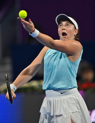 (220225) -- DOHA, Feb. 25, 2022 -- Jelena Ostapenko of Latvia serves during the quarterfinal match of WTA, Tennis Damen Qatar Open tennis tournament against Garbine Muguruza of Spain at the Khalifa International Tennis Complex in Doha, capital of Qatar, Feb. 24, 2022. (Photo by Xinhua) (SP)QATAR-DOHA-TENNIS-WTA QATAR OPEN-QUARTERFINALS Nikku 