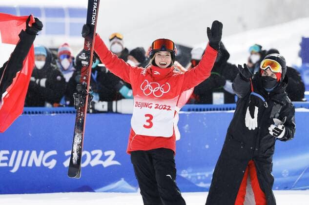 Beijing Olympics: Freestyle Skiing Chinese freestyle skier Eileen Gu celebrates after taking silver in the women s slopestyle event at the Beijing Winter Olympics on Feb. 15, 2022, in Zhangjiakou, China.  A14AA0001260079P