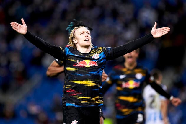 FOOTBALL - Europa League - Real Sociedad vs RB Leipzig Emil Forsberg of RB Leipzig reacts after scoring goal during the UEFA Europa League Knockout Round Play-Offs Leg One match between, Real Sociedad and RB Leipzig at Reale Arena on 24 of February, 2022 in San Sebastian, Spain. San Sebastian Reale Arena Basque Country Spain RSO-RBL044 Copyright: xRicardoxLarreinax