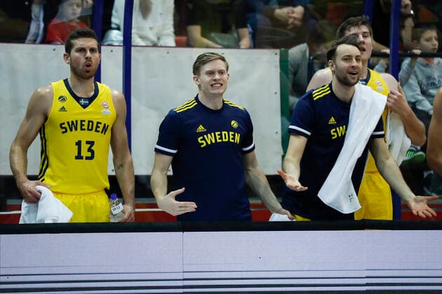 220225 Christopher Czerapowicz, Johan Löfberg and Felix Terins of Sweden during the FIBA World Cup Qualifier game between Sweden and Croatia on February 25, 2022 in Zagbreb Photo Nikola Krstic BILDBYRAN COP 307 NK0006 basket basketball vm kval kval fiba world cup qualifiers sweden bbeng,  Copyright: NIKOLAxKRSTIC BB220225BB603