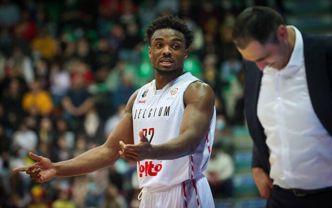 Belgium s Retin Obasohan getsures during a match between the Belgian national men team the Belgian Lions and Latvia, a qualifier match in Group A, ahead of the World Cup Basketball, Friday 25 February 2022, in Mons. VIRGINIExLEFOUR  x13778794x