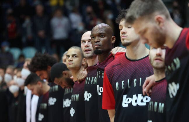 Belgium s Kevin Tumba pictured at the start of a match between the Belgian national men team the Belgian Lions and Latvia, a qualifier match in Group A, ahead of the World Cup Basketball, Friday 25 February 2022, in Mons. VIRGINIExLEFOUR  x13787254x