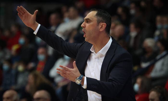 Belgium s head coach Dario Gjergja gestures during a match between the Belgian national men team the Belgian Lions and Latvia, a qualifier match in Group A, ahead of the World Cup Basketball, Friday 25 February 2022, in Mons. VIRGINIExLEFOUR  x13805281x