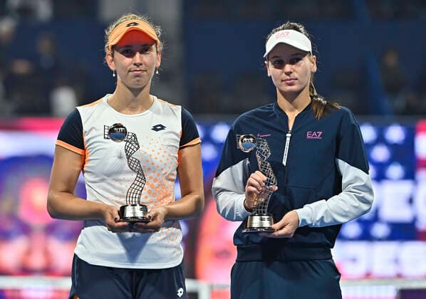 (220226) -- DOHA, Feb. 26, 2022 -- Veronica Kudermetova (R) of Russia and Elise Mertens of Belgium pose with their trophies after the doubles final of the WTA, Tennis Damen Qatar Ladies Open tennis tournament against Cori Gauff and Jessica Pegula of the United States in Doha, capital of Qatar, Feb. 25, 2022. (Photo by Xinhua) (SP)QATAR-DOHA-TENNIS-WTA QATAR OPEN-FINAL Nikku 