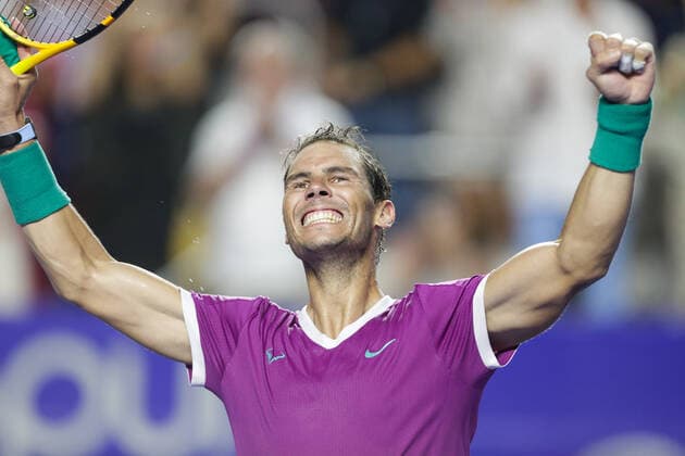 (220226) -- ACAPULCO, Feb. 26, 2022 -- Rafael Nadal of Spain celebrates after winning the men s singles semifinal match against Daniil Medvedev of Russia at the 2022 ATP, Tennis Herren Mexican Open tennis tournament in Acapulco, Mexico, Feb. 25, 2022. (Photo by Xinhua) (SP)MEXICO-ACAPULCO-TENNIS-ATP-MEXICAN OPEN-SEMIFINALS FranciscoxCanedo 