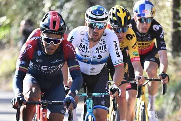NINOVE, BELGIUM - FEBRUARY 26 : Colbrelli Sonny (ITA) of Bahrain - Victorious pictured during the Flanders Classics 77th Omloop Het Nieuwsblad cycling race with start in Ghent and finish in Ninove on February 26, 2022 in Ninove, Belgium, 26 02 2022 ( Motordriver Kenny Verfaillie - Omloop Het Nieuwsblad 2022 Cycling Race PhotoNews Panoramic 