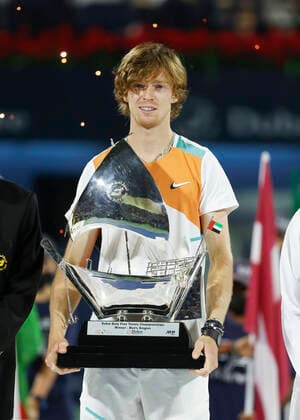 Andrey Rublev with the cup, trophy, joy, emotion, award ceremony, presentation Tennis Dubai Duty Free Tennis Championships ATP Dubai Duty Free Tennis Stadium Dubai United Arab Emirates 26 February 2022 Copyright: xJuergenxHasenkopfx