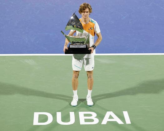 Andrey Rublev with the cup, trophy, joy, emotion, award ceremony, presentation Tennis Dubai Duty Free Tennis Championships ATP Dubai Duty Free Tennis Stadium Dubai United Arab Emirates 26 February 2022 Copyright: xJuergenxHasenkopfx