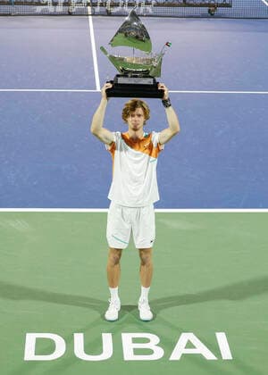 Andrey Rublev with the cup, trophy, joy, emotion, award ceremony, presentation Tennis Dubai Duty Free Tennis Championships ATP Dubai Duty Free Tennis Stadium Dubai United Arab Emirates 26 February 2022 Copyright: xJuergenxHasenkopfx