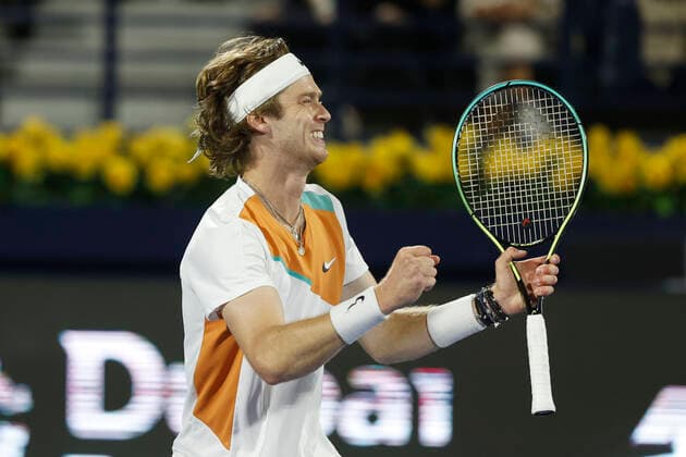 Andrey Rublev cheers after victory, jubilation, joy, emotion, final, final tennis Dubai Duty Free Tennis Championships ATP Dubai Duty Free Tennis Stadium Dubai United Arab Emirates 26 February 2022 Copyright: xJuergenxHasenkopfx