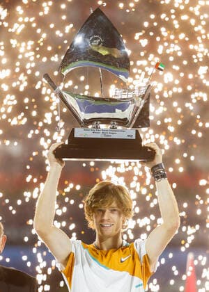 Dubai, UAE, 26th Feb, 2022 Russian tennis player Andrey Rublev is the winner of Dubai Duty Free Tennis Championships tournament at Dubai Duty Free Tennis Stadium on Saturday 26 February 2022 , Copyright: xJuergenxHasenkopfx