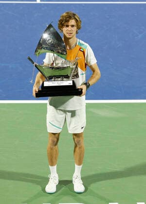 Dubai, UAE, 26th Feb, 2022 Russian tennis player Andrey Rublev is the winner of Dubai Duty Free Tennis Championships tournament at Dubai Duty Free Tennis Stadium on Saturday 26 February 2022 , Â Copyright: xJuergenxHasenkopfx