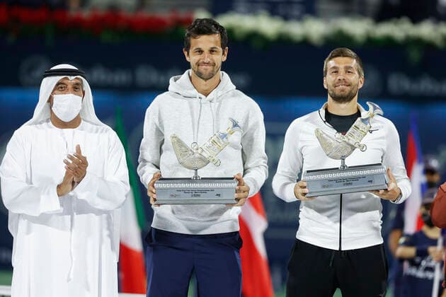Mens Doubles Finalists Nikola Mektic and Mate Pavic with Sheikh Ahmed Bin Saeed Al Maktoum , Award Ceremony, Presentation Tennis Dubai Duty Free Tennis Championships ATP Dubai Duty Free Tennis Stadium Dubai United Arab Emirates 26 February 2022 Copyright: xJuergenxHasenkopfx