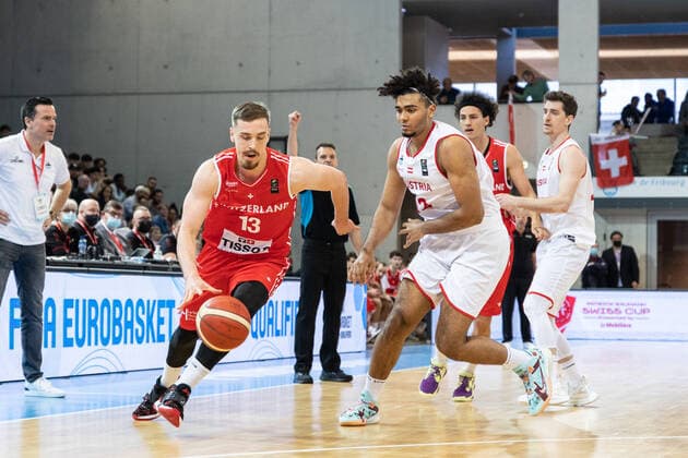 27 02 2022, Fribourg, Hall St Leonard, FIBA Men x92 s EuroBasket 2025 Pre Qualification Switzerland Austria, 13 Killian Martin Switzerland Ã chappe Ã 12 Guylain Mbemba Austria Fribourg Hall St Leonard Fribourg Switzerland  Copyright: xJustPictures.ch SirianexDavetx