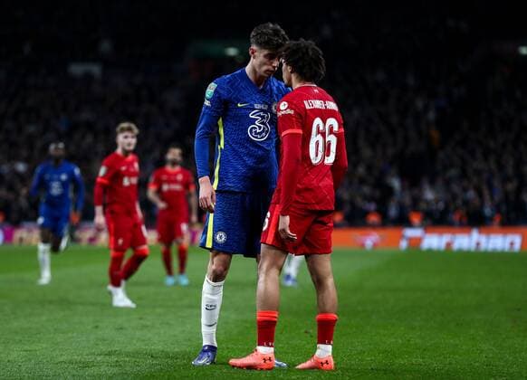 Mandatory Credit: Photo by James Marsh Shutterstock (12820907cw) Trent Alexander-Arnold of Liverpool and Kai Havertz of Chelsea Chelsea v Liverpool, EFL Carabao Cup, Final, Football, Wembley Stadium, London, UK - 27 Feb 2022 EDITORIAL USE ONLY No use with unauthorised audio, video, data, fixture lists, club league logos or live services. Online in-match use limited to 120 images, no video emulation. No use in betting, games or single club league player publications. Chelsea v Liverpool, EFL Carabao Cup, Final, Football, Wembley Stadium, London, UK - 27 Feb 2022 EDITORIAL USE ONLY No use with unauthorised audio, video, data, fixture lists, club league logos or live services. Online in-match use limited to 120 images, no video emulation. No use in betting, games or single club league player publications. Copyright: xJamesxMarsh Shutterstockx 12820907cw