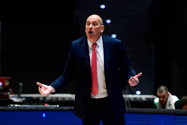Coach of Bulgaria Rosen Cvetkov Barchovski gestures during the men’s basketball qualification match for the 2023 World Championship, WM, Weltmeisterschaft Czech Republic vs Bulgaria in Pardubice, Czech Republic, February 27, 2022. (CTKxPhoto DavidxTanecek) CTKPhotoP2022022709788  TAD 018
