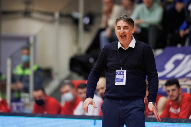 220228 Head coach Damir Mulaomerovic of Croatia during the FIBA World Cup Qualifier game between Sweden and Croatia on February 28, 2022 in Norrköping,  Copyright: PETERxHOLGERSSON BB220228PH021