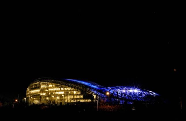 EDITORIAL USE ONLY The Aviva Stadium Lights Up In The Colours Of The Ukrainian Flag 28 2 2022 Pictured is Dublin™s iconic Aviva Stadium, the home of Irish rugby and soccer, lit up in the colours of the Ukrainian flag. Together with the IRFU and FAI, Aviva Ireland will illuminate the Dublin skyline in blue and yellow each evening this week from 7pm. Aviva Ireland is standing in solidarity with the Ukrainian community, as well as affected customers and employees The Aviva Stadium Lights Up In The Colours Of The Ukrainian Flag 28 2 2022  Copyright: x INPHO GaryxCarrx BST_4460