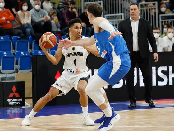 28 02 2022, Germany vs Israel, FIBA Basketball World Cup Qualifiers, Group D, GER, Heidelberg, SNP dome, Picture from the left side , Maodo Lo Germany and Jake Cohen Israel Copyright: HMBxMedia xHeikoxBecker